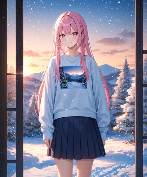 1girl, solo, Pink Shine Bright Hair, hair between eyes, Long hair, loose hair, aesthetic detailed eyes, (Pink shiny Bright Eyes), bright pink eyes, (pale cheeks), (skin colored cheeks), Mesmerise, Little smile, closed mouth, (half body, cowboy shot), BREA...