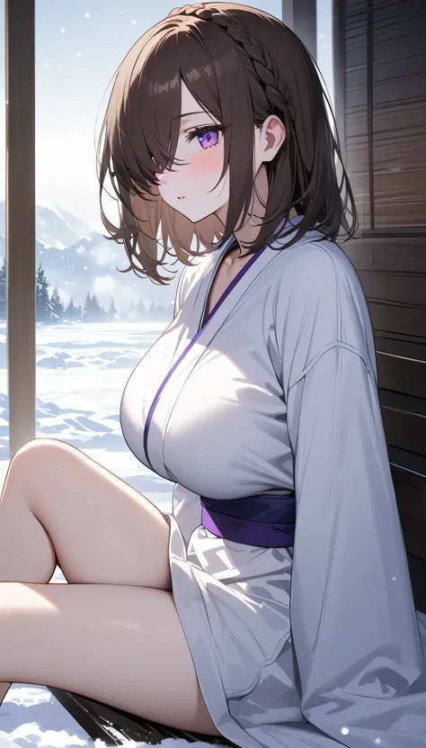 (masterpiece, Highest quality:1.2), (1girl), alone, ((medium hair)), (((dark brown hair))), (straight hair), ((hair over face)), (hair over one eye), (hair over right eye), (white long kimono), (()), ((purple eyes)), (big breast), high detail, bloom, textu...