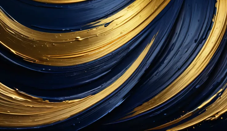 A vibrant paintbrush texture in 4K resolution with sweeping strokes of metallic gold and deep navy blue against a black background