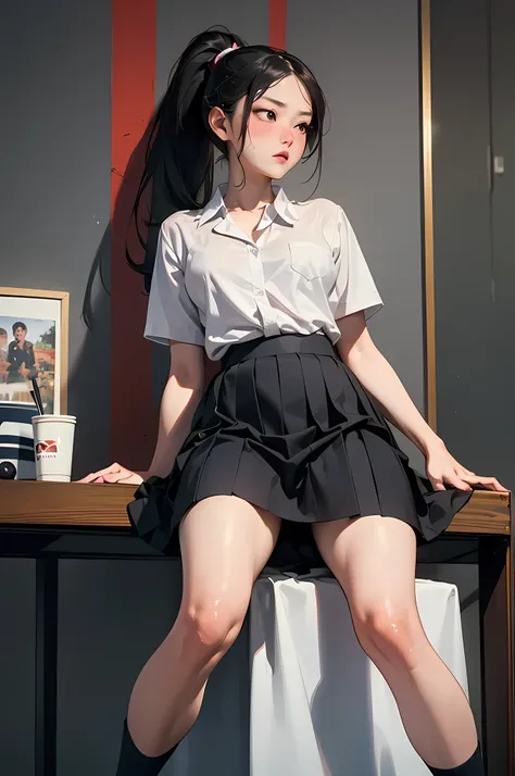(masterpiece, IMAX cinematic quality:1.4),
(Wallpaper:1.4),
A woman in a high school uniform sits with her legs spread and lifts her skirt , wearing Lofer, Its live-action, peeing in Shopping mole, Ponytail hair, Blushed face, Medium breast, lots puddle o...