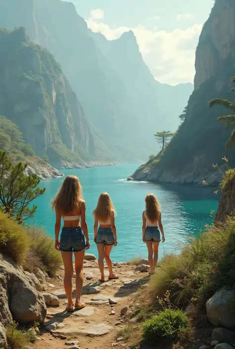 create an image that shows what the earth looked like (including fauna and flora) in the Silurian period (shallow seas, mountainscape, rocks and invertebrate animals) 
now add three teenage girls in the landscape, make one of them blonde