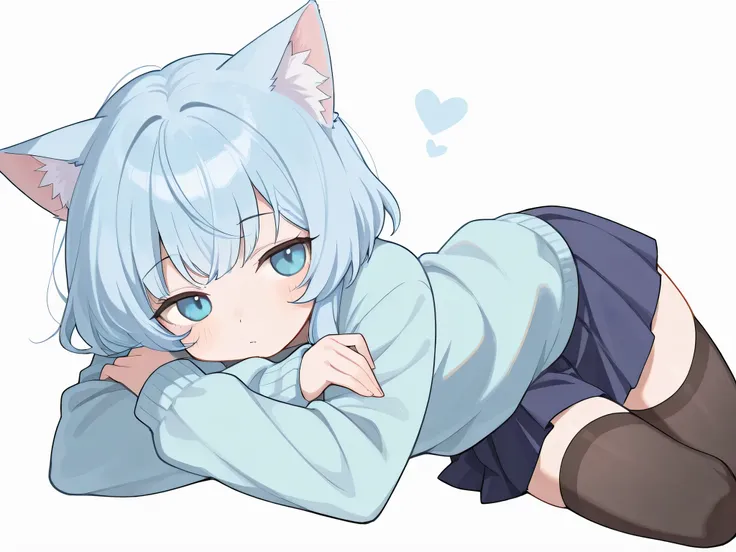  white background, best quality rating: sensitive, masterpiece, Neat, long sleeves, bobbed hair, cats ears, 1girl, Stockings, a short skirt, pastel blue hair , cute eyes,