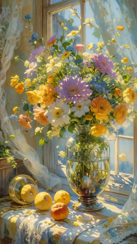 oil painting still life, vintage illustration of a window at the sunny day, iridescent light, soft light, lacy curtains, flowers, fruits, dynamic light