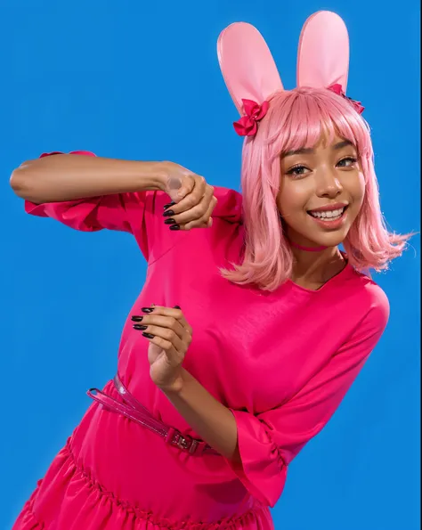 The image shows a person with pink hair wearing a pink dress and a pink headband with bunny ears. They are posed in a playful manner against a blue background. smooth 3d model, multiple light sources, rim light, sharp post effects render, most beautiful vf...