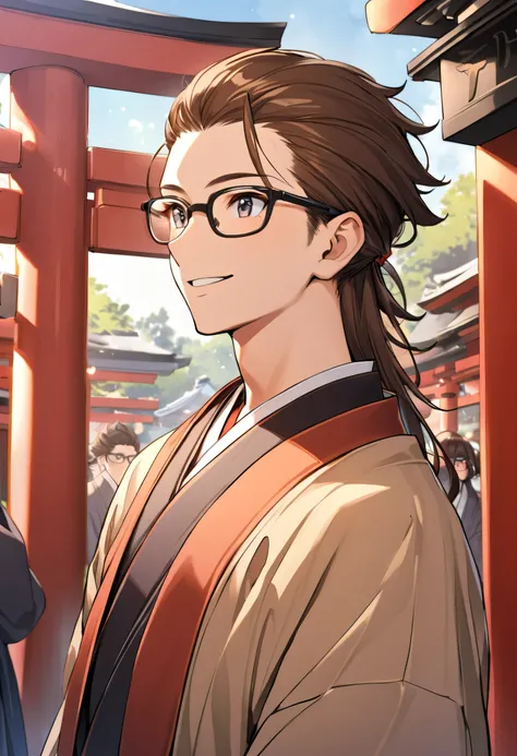 20 years old，male， Fresh Smile，    upper body，    focus on the face，Glasses，January，  visiting a shrine for the first time this year   ，To wear hakama，Brown Hair，  sweet smile ，Length 180cm，Hair style slicked back，The torii gate is in the back 