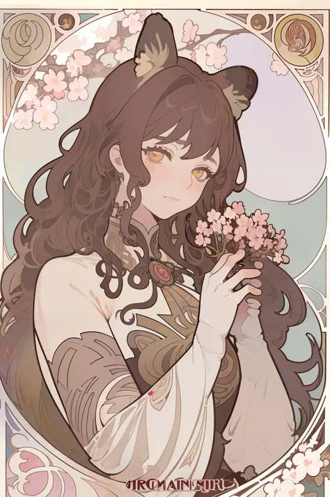 in art nouveau style , poster in a theater , (((art by alphonse mucha))), Upper Body, blush, profile ,( masterpiece, finely Detailed beautiful eyes: 1.2), 1 girl, Alone, beautiful, Small details, ultra Detailed , best quality, intricate, sharp, d...