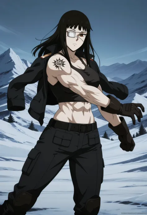 1girl,solo,mm,mature female,black hair,eyepatch,brown eyes,medium breasts,anime coloring,long hair, muscular, ,cowboy shot,,ice mountain, ,winter military open black jacket with black midriff tank top with black trousers with belt, fighter boots, open glov...