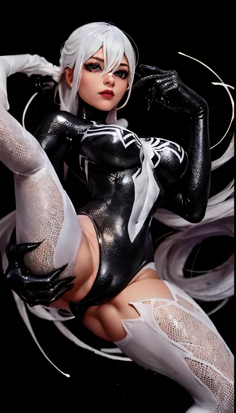 4K，realisticlying，Glamorous，The  very detailed，There  a girl in Dingcheng, evil，White hair, purple  eyes ，Wearing a black Spider-Man costume，（Black and white：1.4） the night,symbiote，venomize，a large amount of mucus,she  a spiderman，Black superhero theme，In...