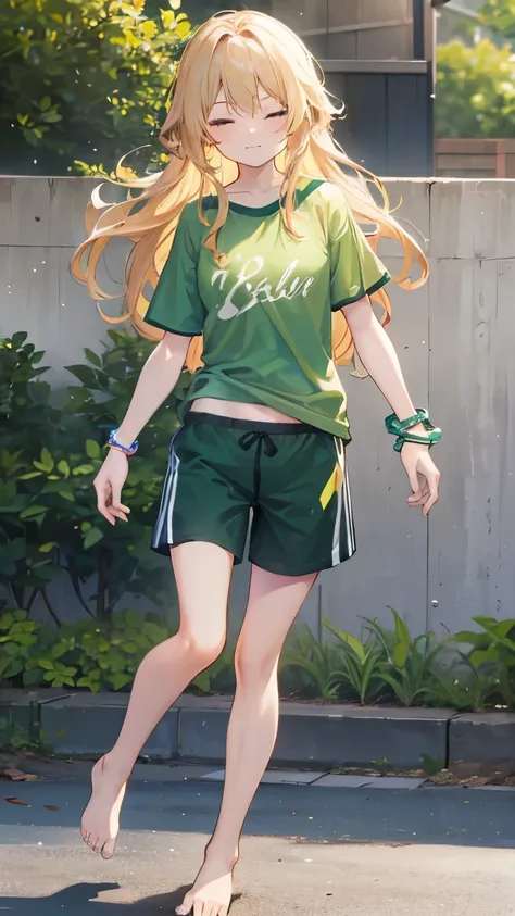   a cute girl named Zachary ,  both brownish blonde hair ,  long wavy hair ,  short sleeved green sports jersey t-shirt,  dark green shorts , Jog,  sunrise,  slight smile , bracelets, barefoot,  eyes closed, Handdetails, Foot details ,  in a quiet neighbor...