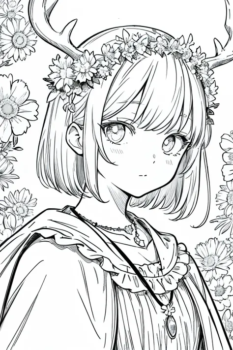  wearing cape girl with short hair wearing cape and flower crown drawing anime black and white with details and deer horns wearing shirt under cape, big eyes, anime drawing تفاصيل,  high details,  high quality , Very detailed, wearing moomin necklace  花, c...