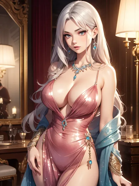 Best quality, masterpiece, realistic, Beautiful sexy cool tall, slim, fit woman, wearing fancy silver-pink sequin  dress, intricate and highly detailed, cleavage, long silver hair, jewelry.