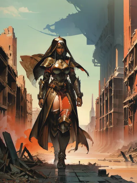 beautiful highly detailed illustration of a black woman, full body, dreadlook hair, warrior nun, (armor), crimson fog and mist, desolate scenery, walking in ruins of a city, high quality, masterpiece, symmetrical, detailed