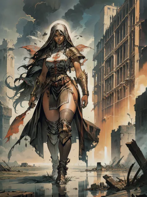 beautiful highly detailed illustration of a black woman, full body, dreadlook hair, warrior nun, (armor), crimson fog and mist, desolate scenery, walking in ruins of a city, high quality, masterpiece, symmetrical, detailed