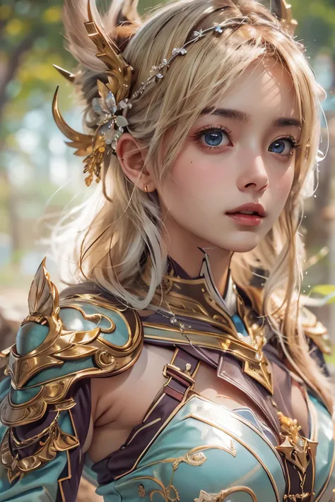 masterpiece, top quality , 8k,  photorealistic ,  high res,  1 girl, Alone, ( detail face ),  blondes, Transcendental Beautiful Girl , gem、 princess, glowing skin,A breastplate that is perfectly shaped to the shape of the chest and is made entirely of meta...