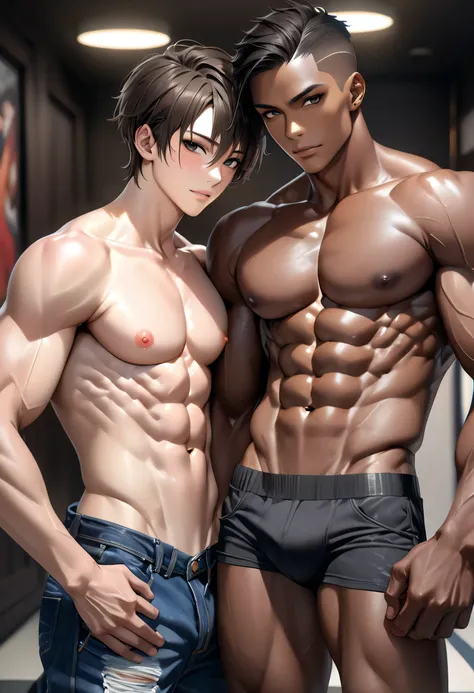 (2 idol dark skin japanese boys),boy nursing boy, (abs:1.5), Black short Hair, detailed Black Eyes, (dark brown skin), topless, detailed nipples, black thong, best quality,  looking at viewer, (smirk:0.6), best quality, 4k, 8k, highres, (masterpiece:1.2), ...