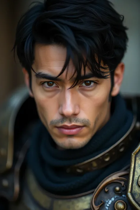 masterpiece, best quality, adult, male, focus, solo, looking at viewer, closed mouth, Highly detailed, detailed face, detailed eyes, clear skin, clear eyes), dark brown eyes, black hair. armored, photography, detailed skin, realistic, photo-realistic, 8k, ...