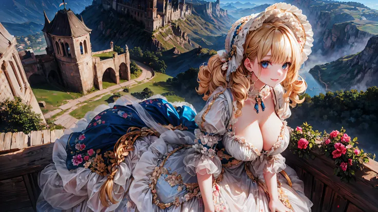  medieval Europe , Lady, Blonde, Curly Hair,  Floral Crinoline Hoop Skirt, petticoat dress,  big breasts, hyper detailed beautiful eyes, bonnet, Fluffy, ((smile)), looking at viewer, (from above:1.1), leaning forward, from front view, ((sit)), (very wide s...