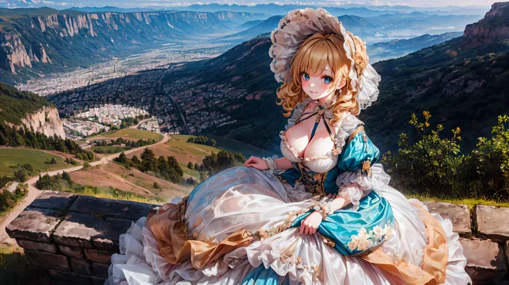  medieval Europe , Lady, Blonde, Curly Hair,  Floral Crinoline Hoop Skirt, petticoat dress,  big breasts, hyper detailed beautiful eyes, bonnet, Fluffy, ((smile)), looking at viewer, (from above:1.1), leaning forward, from front view, ((sit)), (very wide s...