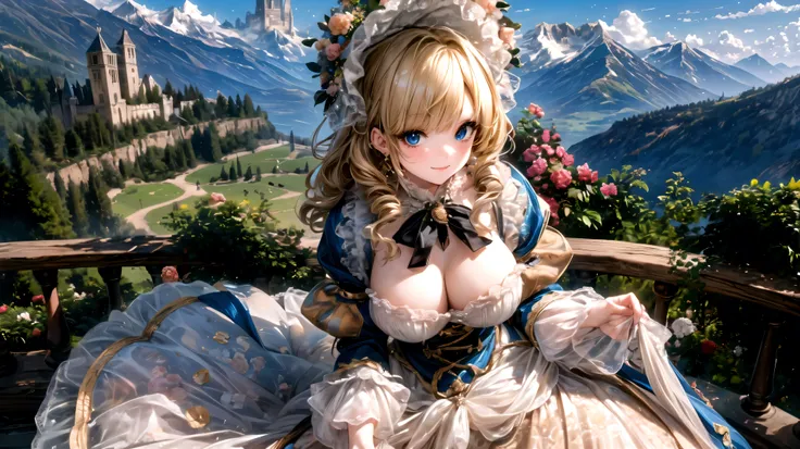  medieval Europe , Lady, Blonde, Curly Hair,  Floral Crinoline Hoop Skirt, petticoat dress,  big breasts, hyper detailed beautiful eyes, bonnet, Fluffy, ((smile)), looking at viewer, (from above:1.1), leaning forward, from front view, ((sit)), (very wide s...