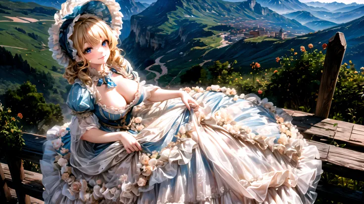  medieval Europe , Lady, Blonde, Curly Hair,  Floral Crinoline Hoop Skirt, petticoat dress,  big breasts, hyper detailed beautiful eyes, bonnet, Fluffy, ((smile)), looking at viewer, (from above:1.1), leaning forward, from front view, ((sit)), (very wide s...