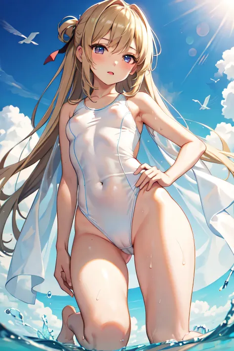 (( top quality )), ((masterpiece)), (  Details),  1 girl,  sexy, (( white school swimsuit )), Kneeling,( See-through from Below ),  nipple exposure, ((Small breasts)), 衣服See-through, ( wide open legs), ((Small breasts)), True Face, ( peek up from inseam), ...