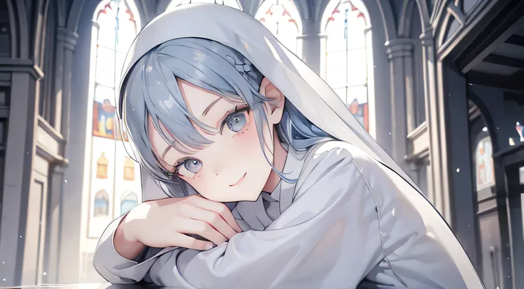  Illustration of a slightly shy, smiling nun with a gentle expression, Her face is slightly ish ,  Her light blue hair is braided and hangs down her shoulders ,  Her hands are crossed to pray ,  Her gray eyes get thinner as she stares at us .  The backgrou...