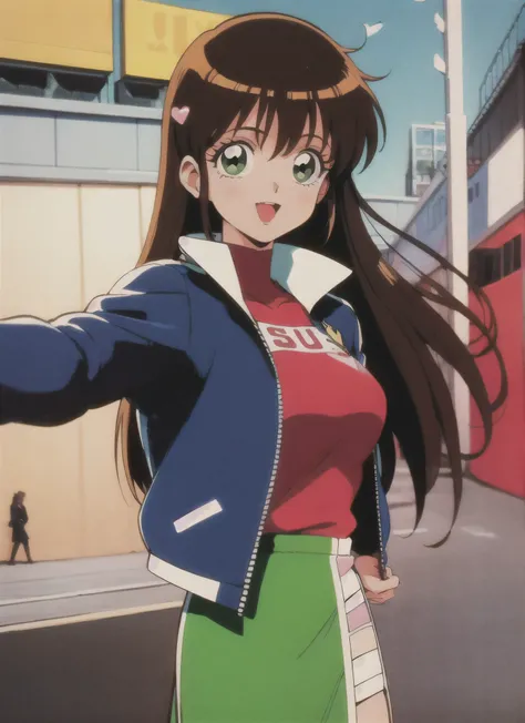 Asusdol,1 girl, Alone, heart, hair ornament, green eyes、 jacket, Green Dress, retro art style for stilets, open mouth, 1990s ( style for stilets), looking at viewer, smile, outdoors on the street at night, null, cowboy shot, clevis cut out, race queen