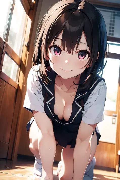 (extremely high quality artwork), (extremely detailed CG 8k), (masterpiece) ,(extremely cute girl), short, (innocent face), ((innocent smile)), shiny hair, (slim body), ((small breasts)), ((finely detailed beautiful eyes)), (eyes with brightness), look at ...