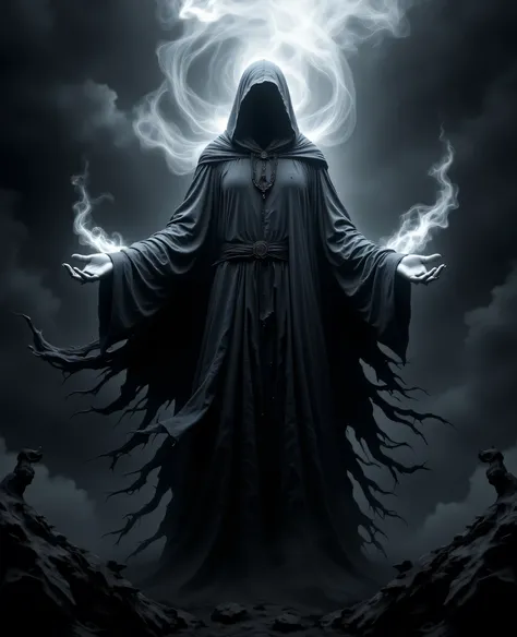 This is a dramatic, CGI-generated image depicting a powerful, mystical scene steeped in void-like darkness. The central figure is an imposing, hooded entity, draped in a tattered cloak that billows eerily around them, as if alive with the essence of shadow...