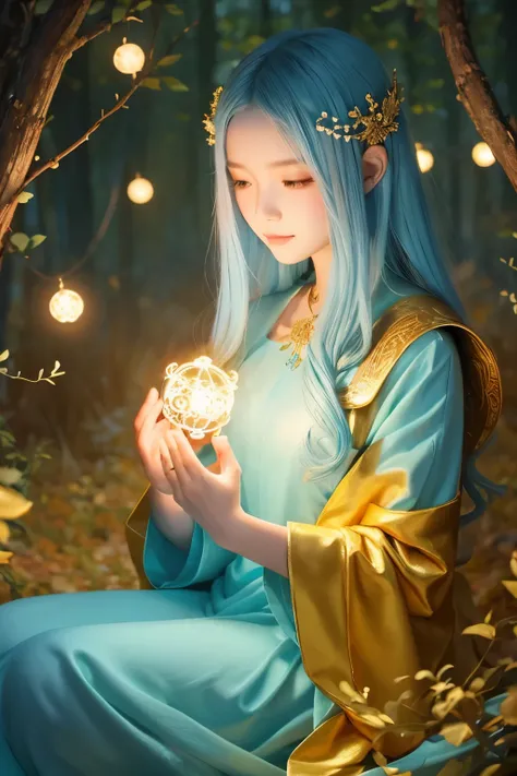  fantasy style illustrations 。
 in a golden forest with lots of angels 。
 fortune teller woman offering prayers near a spring。
Women are cute 、young、Woman with long light blue hair 。