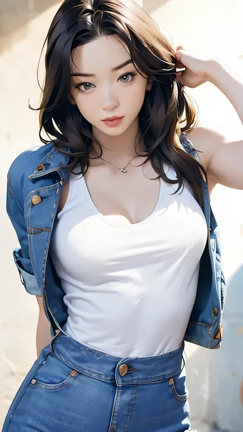  open shirt, ((( lean forward))), ((,Round face, around  , DAMAGE JEANS、Tank top with loose chest )),   long hair, ,  natural cosmetics, ( firm and well-shaped C-cup breasts;1.5),  sexy gaze, barefoot, (( raise one leg)),  ( Outstanding style;1.5),  shooti...