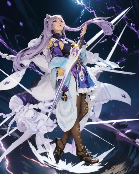 ((Genshin Impact)), ((Keqing)), ((Focus on the hips)), (black tights:1.2), traditional beauty, gorgeous chinese model, draped in purple and blue silk, with beautiful exoticism, purple hair, violet eyes, cat ears on top of head, By bicycle,, Masterpiece, Be...