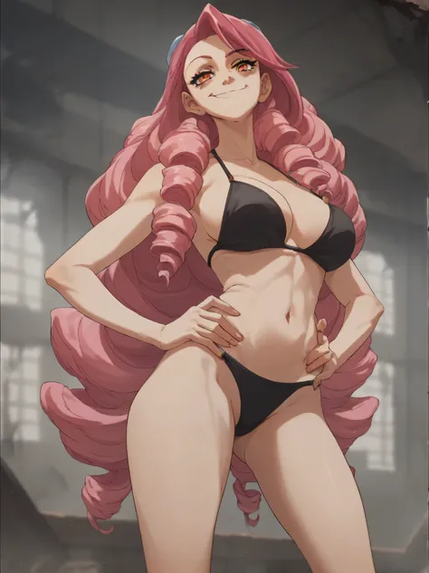 score_9, score_8_up, score_7_up, score_6_up, score_5_up,
1girl, solo, big breasts,  pink hair, long hair, drill hair, orange_eyes, yellow_eyes, black bikini , hands on hips , long legs, barefoots , smile, smug, abandoned factory
 