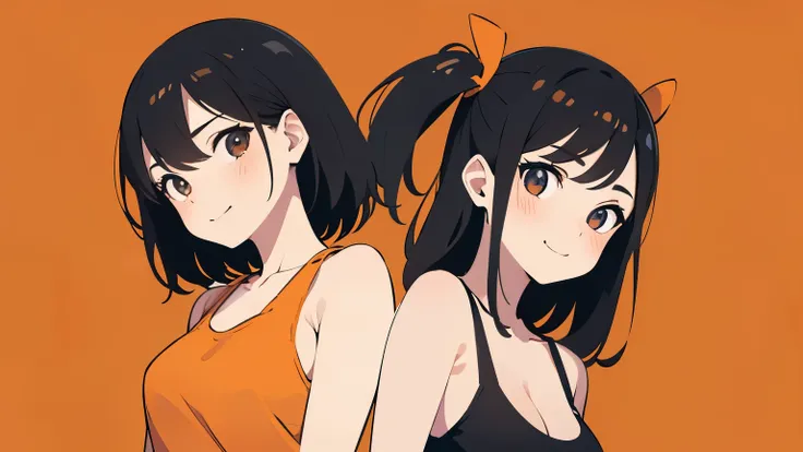 A cute girl with black hair wearing a tank top. Have a orange. Only one person in the illustration. Plain background. Bust-up illustration. Expression:smile