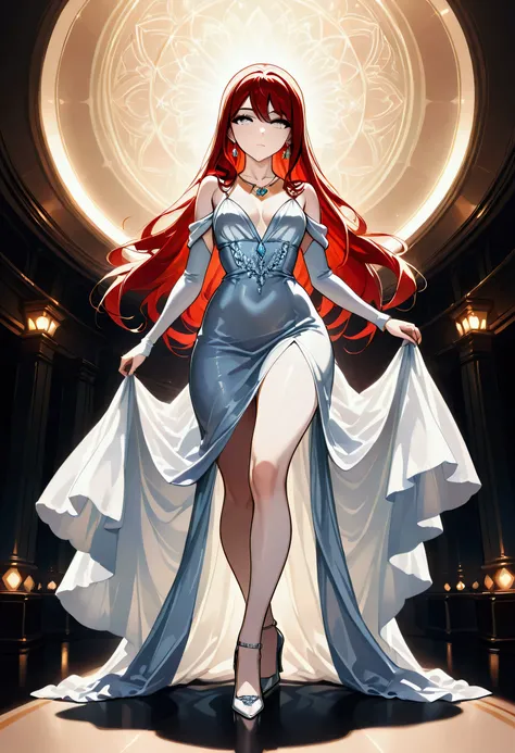 a glamour picture shot of a vampire elite model, walking on a (dark catwalk: 1.2), a glamourous elite female vampire model,  (ultra detailed face: 1.2), best detailed face, red hair, long hair, lush hair, silver eyes, delicate face, pale skin, light make u...