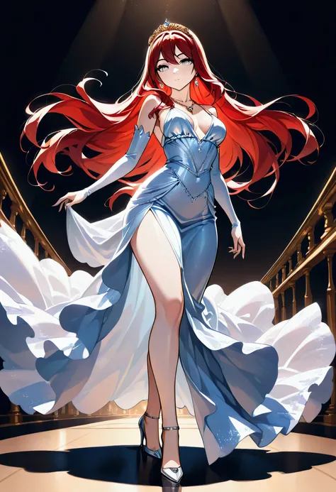 a glamour picture shot of a vampire elite model, walking on a (dark catwalk: 1.2), a glamourous elite female vampire model,  (ultra detailed face: 1.2), best detailed face, red hair, long hair, lush hair, silver eyes, delicate face, pale skin, light make u...