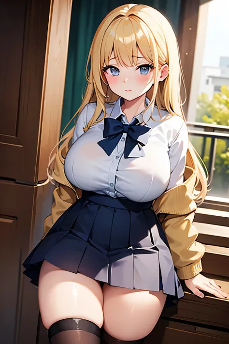  highest image quality taken by Ki　 1 girl　Blonde gal　Big Breasts　 chubby　uniform　 cardigan　blouse　 check skirt 　 skirt　 panties　room