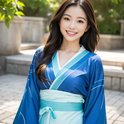 (SeaArt is  、  A beautiful woman is wearing a blue kimono  、    Please create an amazing photorealistic image    )、 whole body、Picture of a cute Japanese woman about 25 years old  、    A beautiful woman smiling and showing white teeth like a brightly color...