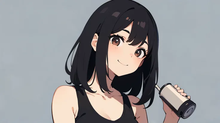 A cute girl with black hair wearing a tank top. Drinking coffee. Only one person in the illustration. Plain background. Bust-up illustration. Expression: smile