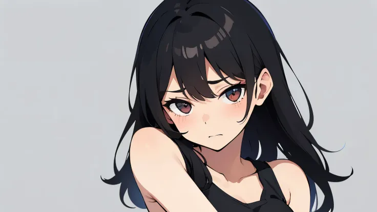 A cute girl with black hair wearing a tank top. Only one person in the illustration. Plain background. Bust-up illustration. Expression: embarrassed