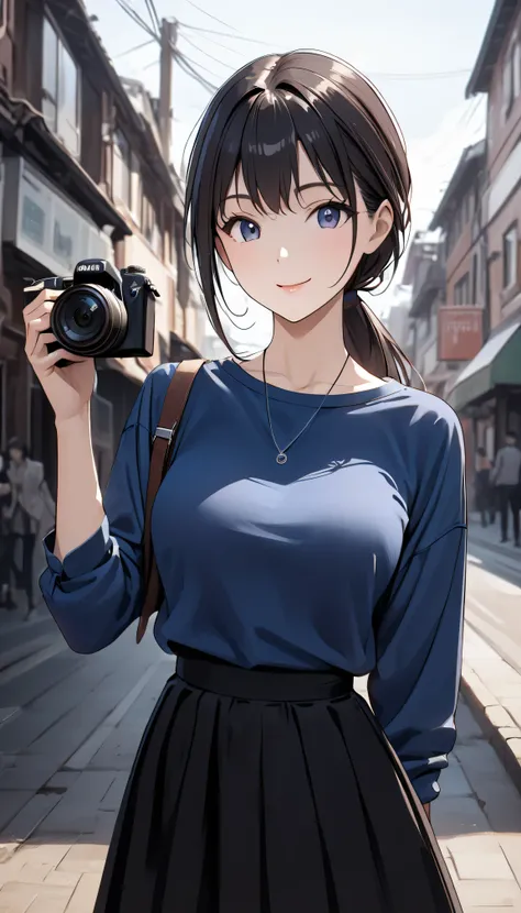 top quality 、 Ultra-high precision 、Detailed view、 vivid colors、Alone、 beautiful girl 、Impressive composition、Age 30、Around town、 ponytail、Holding a digital camera in the right hand、 looking at camera、 blue shirt、 ties、 skirt 、Beautiful big boobs 、Beaut...