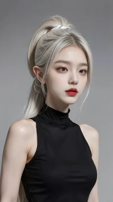 (Best Quality, 8K, 32K, Masterpiece, Ultra HD: 1.2), (K-Pop Idol: 1.3), 1 Girl, (Large: 1.2), (Longhair), Abs, Perfect Figure, Ultra Slender Face, Delicate Lips, Beautiful Eyes Double eyelids ((black crop top)) (pony) （Extremely normal body）1 Elf beauty，(E...