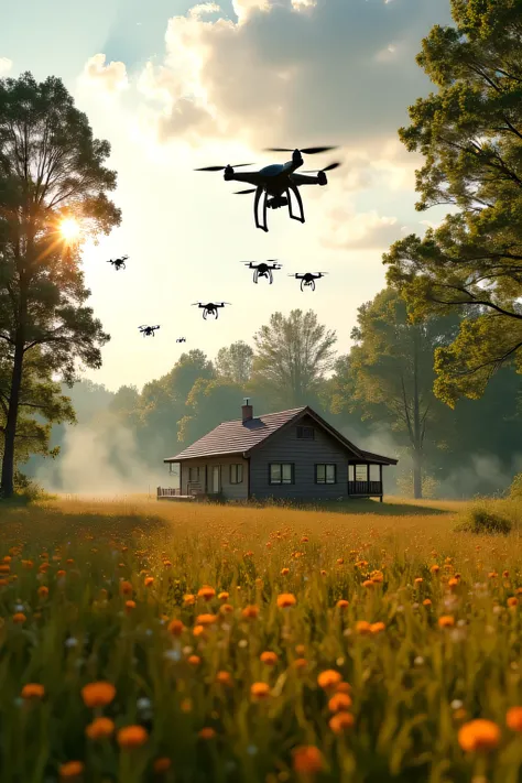 un champs avec beaucoup darbre et une petite maison au milieu avec de la fumée qui sort de la cheminée. Plein des drones volants tous différents faisant des acrobaties dans les airs et à ras du sol. plusieurs obstacles tous différents sont présent sur le c...