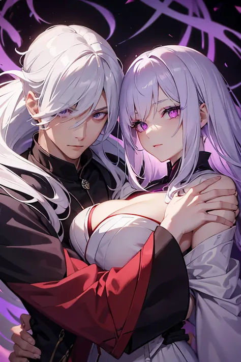 Girl with beautiful white hair and purple eyes, manipulator of blood and wearing a red overcoat with her hand resting on the boys chest, Boy with white hair and shining purple eyes, with an overcoat and a completely black kimono shrouded in shadows