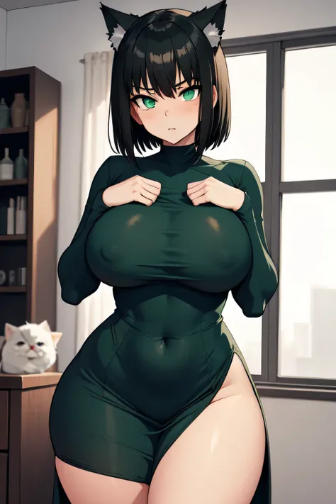 1girl, fair_skin, black_hair, short_hair, cute_face, cat_ear, detail_of_face, big_boobs,

        breasts, fubuki_(one-punch_man), solo, dress,  green_eyes, large_breasts, green_dress, looking_at_viewer, bangs, indoors, home, covered_navel, curvy, wide_hip...