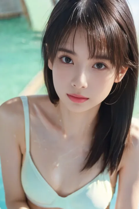 (8k, RAW photo, professional, best quality, masterpiece:1.2), (realistic, photo-realistic:1.37),  highres icon, RAW photo, stylish bikini swimsuit, (Hairstyles with bangs),  shooting from the waist up , (Sweaty skin)