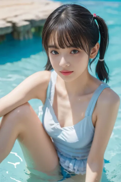 (8k、Original photo、 Short Twin Tails 、 top quality 、masterpiece:1.2)、( real、 photorealistic:1.37)、 High Resolution Icon 、Original photo、 stylish bikinis swimsuits、( hairstyles with bangs ),   shooting from the waist up , (Sweaty skin), Beautiful beaches ab...