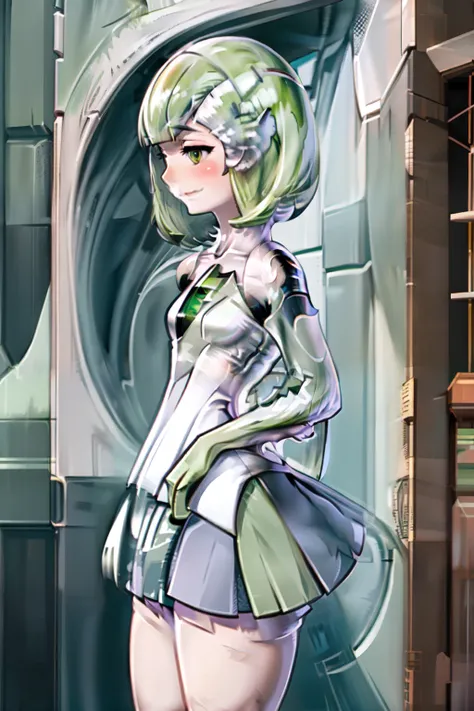 solo, 1girl, looking away, smile, light green hair, diagonal bangs, light green eyes, grey shirt, light purple skirt, [lines poitilism:1.5), blush, (abstract tesselate symmetry)