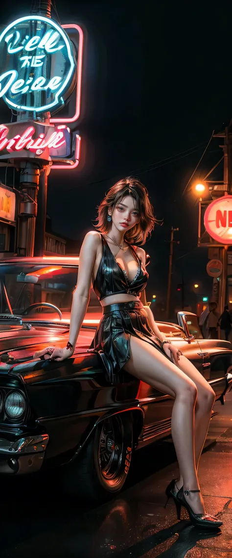 ((masterpiece,  top quality ,  highest image quality taken by Ki,  high res,  photorealistic,  RAW photos , 8k)),  A view of Alafif with a car parked right in front of the motel, with  neon sign , A woman waiting for guests in front of a motel, lure,  A sh...