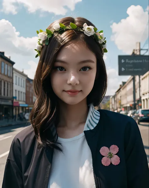 1girl, solo, upper body, (looking at viewer:1.4), (schoolgirl jacket), (flower crown), (beautiful city, beautiful sky background), natural skin color, (closed mouth:1.2), (medium breast), floating hair, beautiful expression, face detailed, eyes detailed, i...